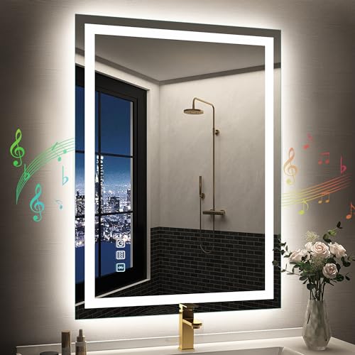 SBAGNO 24x32 LED-Bathroom-Mirror-with-Bluetooth Dimmable-Lighted-Bathroom-Vanity-Mirror-with-3-Colors，Backlit +